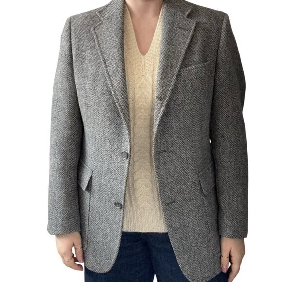Vintage Mens Harris Tweed Black Gray 100% Wool Sport Coat Blazer Jacket